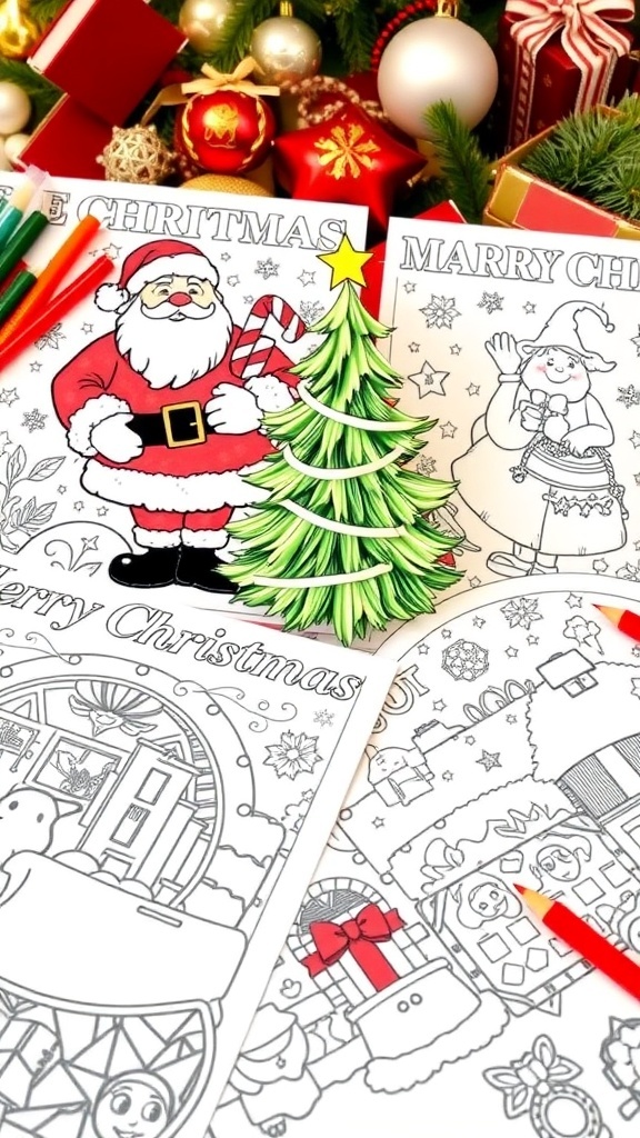 A selection of Christmas coloring pages including Santa, a Christmas tree, and winter scenes, ready for coloring.